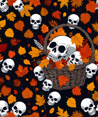 Poster - A spooky Halloween scene with a basket of pumpkins and skulls, surrounded by autumn trees and bats