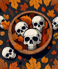Poster - A spooky Halloween scene with a basket of pumpkins and skulls, surrounded by autumn trees and bats