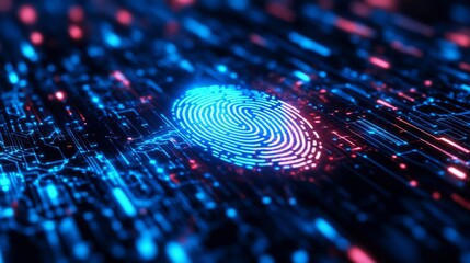 Fototapete - A fingerprint scanner unlocking access to a high-security digital database with holographic effects.