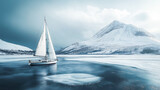 A sailboat floating on frozen lake and overcast sky, Serene winter landscape with snow capped mountain