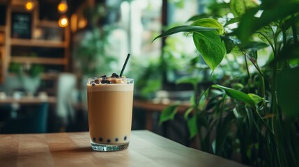 Poster - A glass of bubble milk tea placed on a caf table, surrounded by trendy decor and greenery.