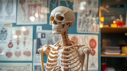 Poster - A human skeleton model on display in a study room, with detailed anatomy charts in the background.