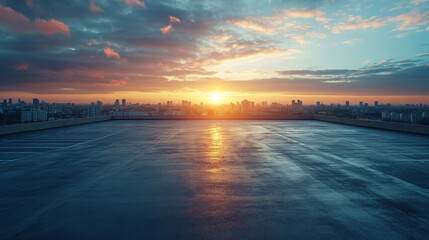 Poster - clean rooftop parking with panoramic city views at sunset, creating serene atmosphere