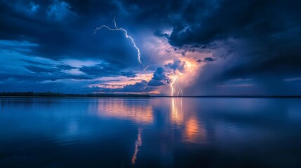 Poster - A lightning storm over a lake, with electric bolts flashing down to the water and creating dramatic reflections.