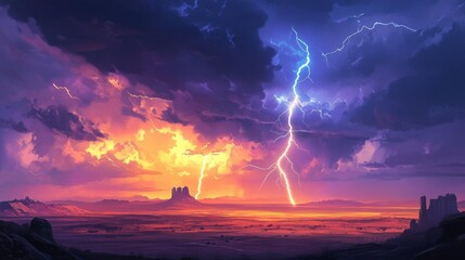 Poster - A lightning storm over a vast prairie, with jagged bolts of lightning piercing the sky in the distance.
