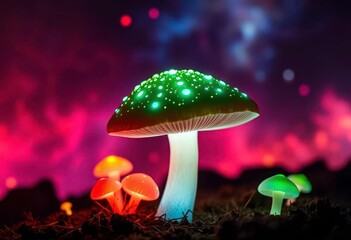 Wall Mural - Glowing bioluminescent mushroom, surreal nebula backdrop, space, glowing