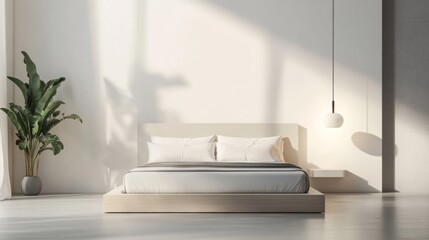 Aufkleber - A minimalist bedroom with a neutral color palette, featuring a minimalist platform bed and a floor lamp.