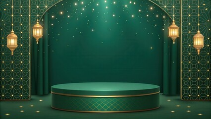 Aufkleber - Elegant green stage decor with lanterns and ornamental patterns, perfect for events or presentations.