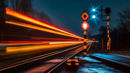 Aufkleber - A railway crossing with a train speeding past as the signal lights flash.