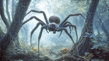 Poster - A spider carefully weaving its intricate web between two tree branches in a peaceful forest.