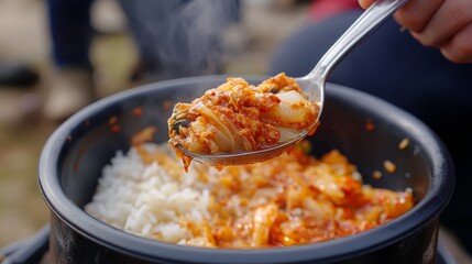 Poster - A spoonful of homemade kimchi being added to a bowl of steamed rice.
