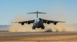 Cargo plane taking off on desert runway with dust cloud