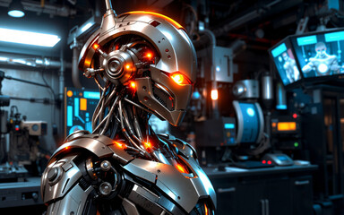 Aufkleber - Futuristic metallic robot with glowing orange lights stands in a workshop. Sci-fi setting with tech equipment and screens in background.