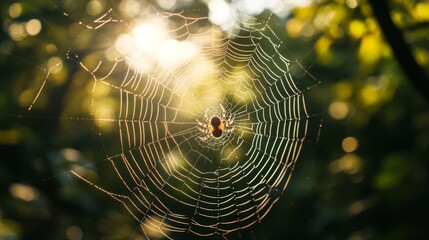 Aufkleber - A wide shot of a spider spinning its web in the middle of a quiet forest, with the web catching the sunlight.