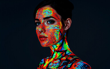 Poster - Woman with vibrant pixelated patterns projected on her face and body, creating a digital and futuristic aesthetic. Colorful and eye-catching artwork.