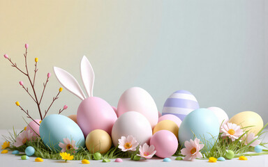 Poster - Pastel Easter eggs and bunny ears peek from grass with delicate flowers, illustrating a gentle spring holiday scene for decoration.