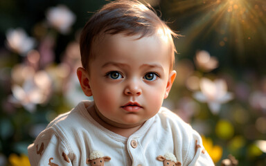 Aufkleber - A cute baby with big eyes gazes directly at the viewer, bathed in soft sunlight. The child is positioned outdoors amidst a blurred garden with blooming flowers, creating a warm and tender scene.