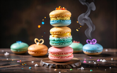 Aufkleber - A stack of vibrant macarons towers on a wooden surface, adorned with sprinkles and a hint of steam, creating a delightful dessert scene.