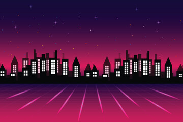 Fototapete - Retro cyberpunk style 80s game scene pixel art 8-bit sci-fi background. glowing neon grid and stars from vintage arcade computer games.