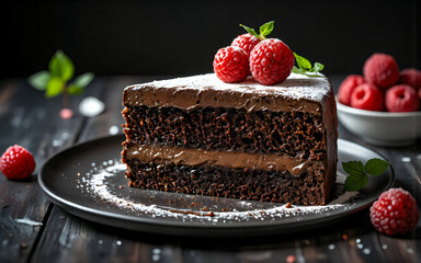 Poster - Delicious chocolate cake slice with creamy filling, topped with fresh raspberries and powdered sugar on a dark plate.