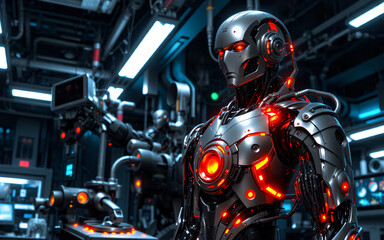 Poster - Metallic robot with red glowing accents stands in a high-tech, industrial lab. Futuristic machinery and screens fill the background.