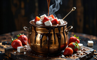 Aufkleber - Steaming hot chocolate fondue is served in a copper pot with fresh strawberries and fluffy marshmallows for a decadent dessert.