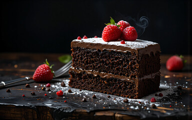 Poster - Delicious slice of rich chocolate cake with layers and frosting, topped with fresh strawberries and powdered sugar. Served on a rustic wooden board.
