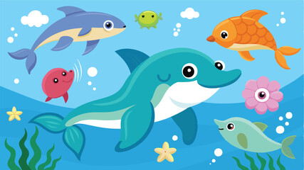 Poster - Colorful underwater illustration featuring playful sea creatures swimming in a vibrant ocean setting filled with bubbles and coral