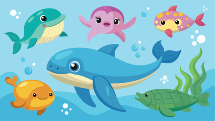 Poster - Colorful underwater illustration featuring playful sea creatures swimming in a vibrant ocean setting filled with bubbles and coral