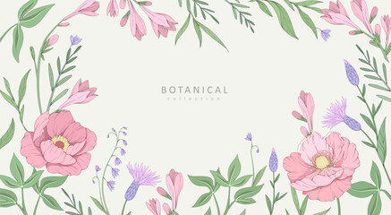 Wall Mural - retro colorful floral art with detailed various flowers and foliage, intricate details and delicate 