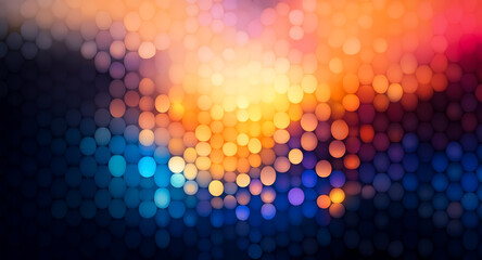 Aufkleber - Abstract image with a gradient of defocused lights, transitioning from dark blue at the bottom to warm orange and pink hues at the top creating a soft bokeh effect.