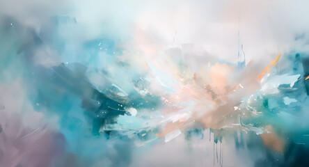 Poster - Abstract artwork with blended soft hues of blue, white, and orange, creating a gentle and airy atmosphere with dynamic brush strokes and fluid motion.
