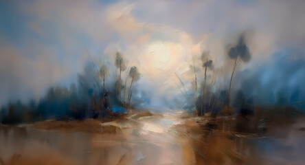 Poster - Soft impressionistic painting of a tranquil landscape. Muted blues and browns depict trees and water under a luminous, gentle sky.
