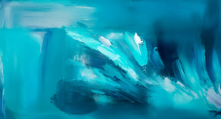 Poster - Abstract painting featuring shades of blue, turquoise, and white brush strokes. The artwork evokes a dynamic, fluid, and watery motion.