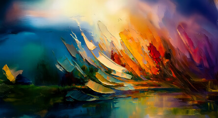 Poster - Dynamic abstract painting featuring bold brushstrokes and vibrant colors. It evokes a dramatic landscape with water reflection under a colorful sky.