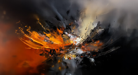 Poster - Abstract burst of vibrant orange and yellow hues amidst dark shades of grey and black, creating a dramatic and intense visual explosion.