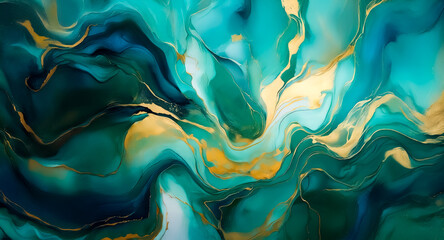 Poster - Abstract artwork featuring swirling emerald and gold colors.  Fluid motion and rich texture are showcased in shades of green and gold.