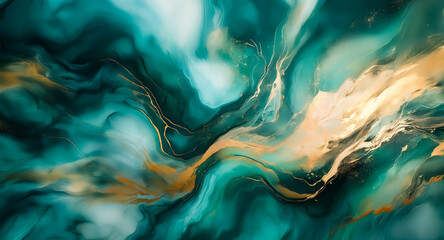 Poster - Abstract artwork featuring swirling teal, green, and blue shades with golden accents, evoking a sense of fluidity and depth.