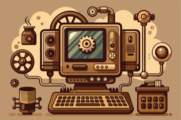 Aufkleber - Vintage-inspired vector illustration of a retro computer setup with mechanical elements and steampunk design features integrated in a unique arrangement