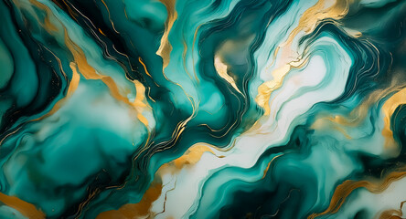 Poster - An abstract background features swirling teal and white hues, accented with elegant gold veins creating a luxurious and fluid marble-like texture.
