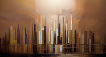 Aufkleber - Abstract cityscape with vertical shapes in beige and brown hues.  Vertical lines suggest buildings against a blurry, soft sky backdrop in muted tones.