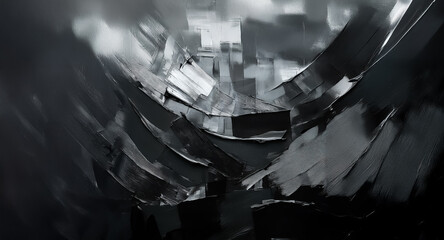 Aufkleber - Abstract monochrome art with textured brushstrokes creates a dynamic and layered visual. Dark and light tones interplay, forming depth and movement in the composition.