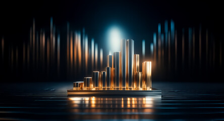 Poster - Luminous golden bars stand on a dark, reflective platform with blurry blue and orange light streaks in the background, creating a futuristic scene.