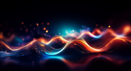 Poster - Abstract glowing waves of vibrant orange, blue, and teal light flow across a dark backdrop with bokeh.  Reflections enhance the dynamic and ethereal scene.