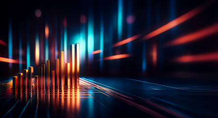 Poster - Golden bars form a graph on a reflective surface with blurred blue and orange light streaks. Futuristic and abstract, suggesting data and technological progress.