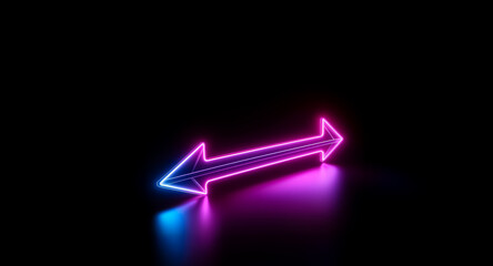 Aufkleber - Illuminated neon arrow glows pink and blue, pointing both left and right. It sits isolated on a dark reflective surface and background.