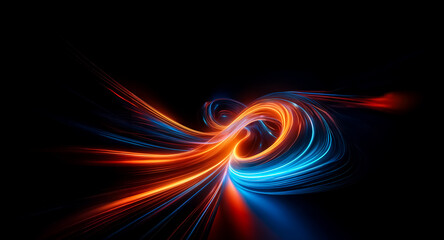 Poster - Vibrant streaks of blue and orange light intertwine and swirl dynamically against a stark black background, creating an abstract and energetic composition.
