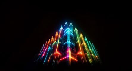 Poster - Row of aligned neon arrows pointing upward on black. Vibrant futuristic glowing perspective.