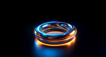 Poster - A luminous ring glows with vibrant blue and orange light against a dark backdrop. The metallic surface reflects the contrasting colors.