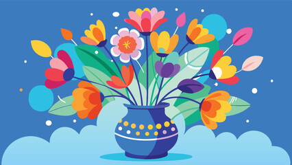 Aufkleber - Colorful floral arrangement in a decorative vase set against a vibrant purple background, showcasing various blooming flowers and leafy stems